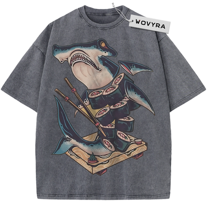 Charcoal gray Sushi Shark T-shirt with a cartoon shark holding chopsticks