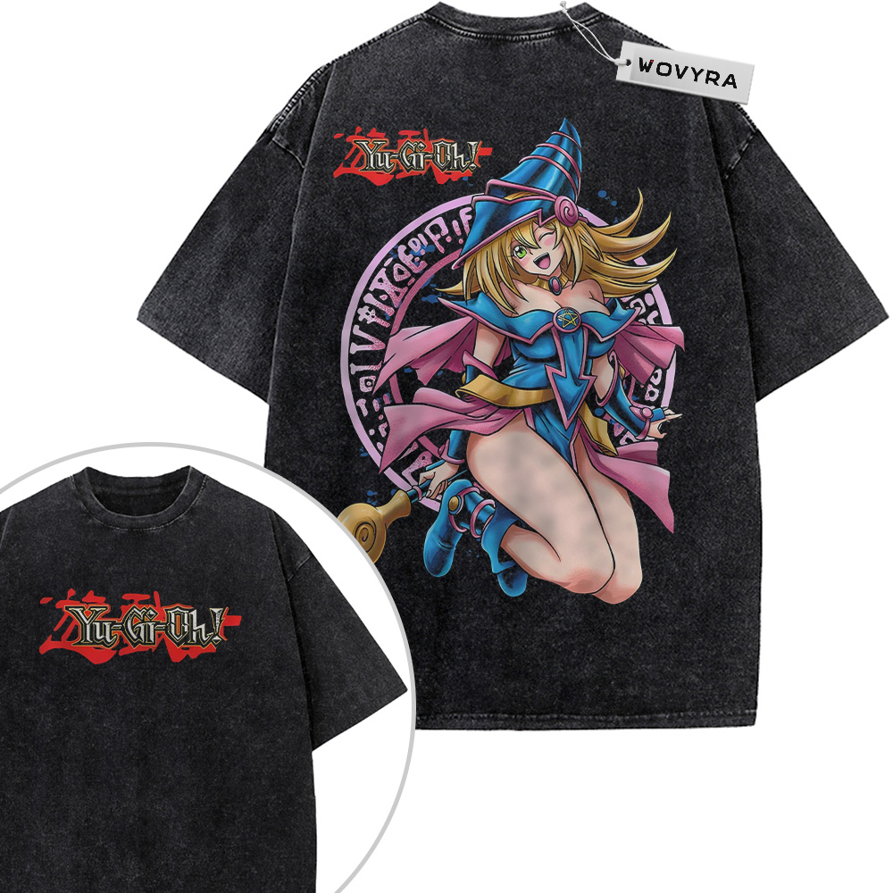 Dark Magician Girl Pink Circle 2-Sided Vintage T-Shirt with a blue-and-pink magician posed against a pink circular emblem