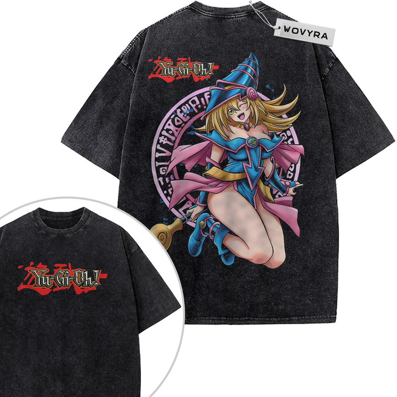 Dark Magician Girl Pink Circle 2-Sided Vintage T-Shirt with a blue-and-pink magician posed against a pink circular emblem
