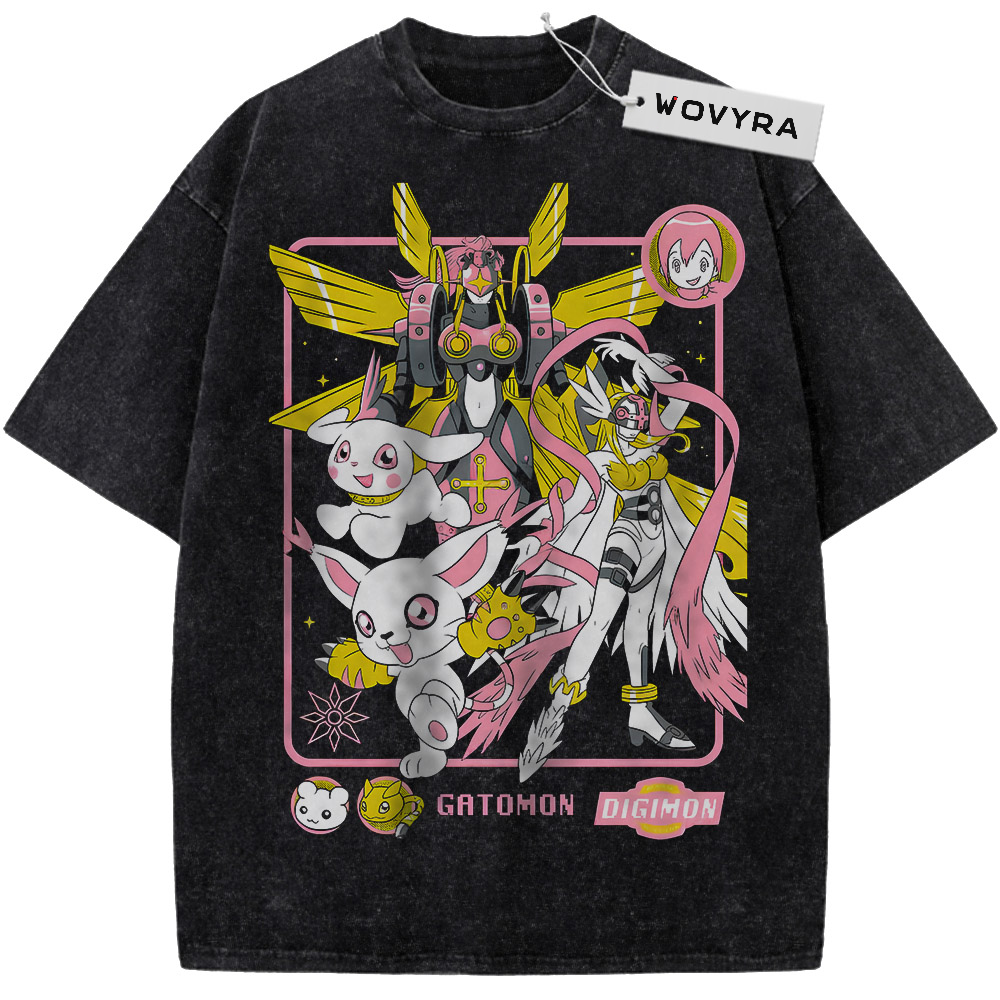 Vintage T-shirt featuring a pink and yellow framed Digimon composition with Gatomon and Angewomon