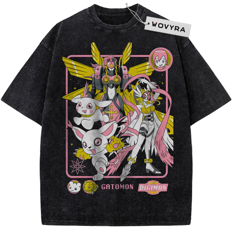 Vintage T-shirt featuring a pink and yellow framed Digimon composition with Gatomon and Angewomon