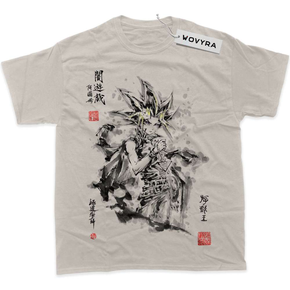 Sand WOVYRA Atem Yugi Muto classic T-shirt with black ink-style artwork and red stamp details