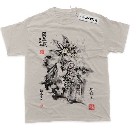 Sand WOVYRA Atem Yugi Muto classic T-shirt with black ink-style artwork and red stamp details