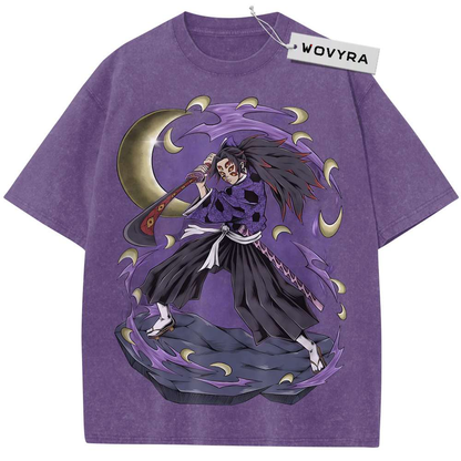 Purple Kokushibo Demon Slayer T-shirt with purple sword and crescent-moon artwork