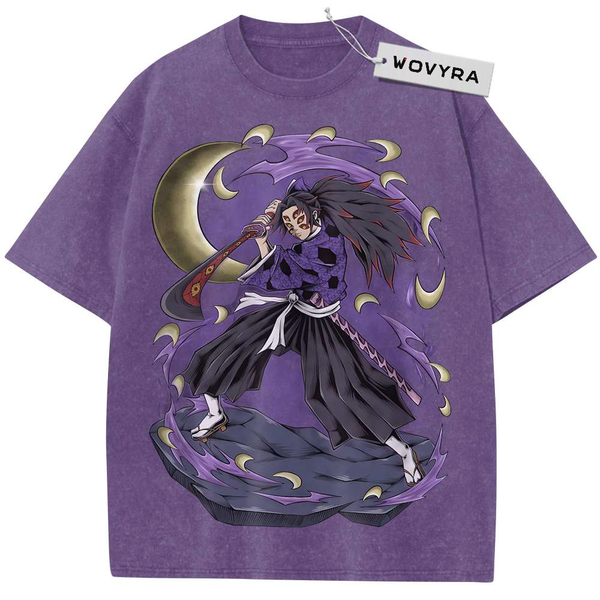 Purple Kokushibo Demon Slayer T-shirt with purple sword and crescent-moon artwork