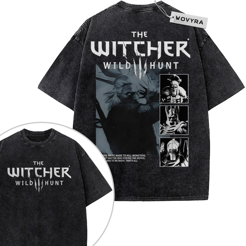 The Witcher Wild Hunt Monochrome Panels 2-Sided Vintage T-Shirt with a gray character silhouette beside three small comic-style panels