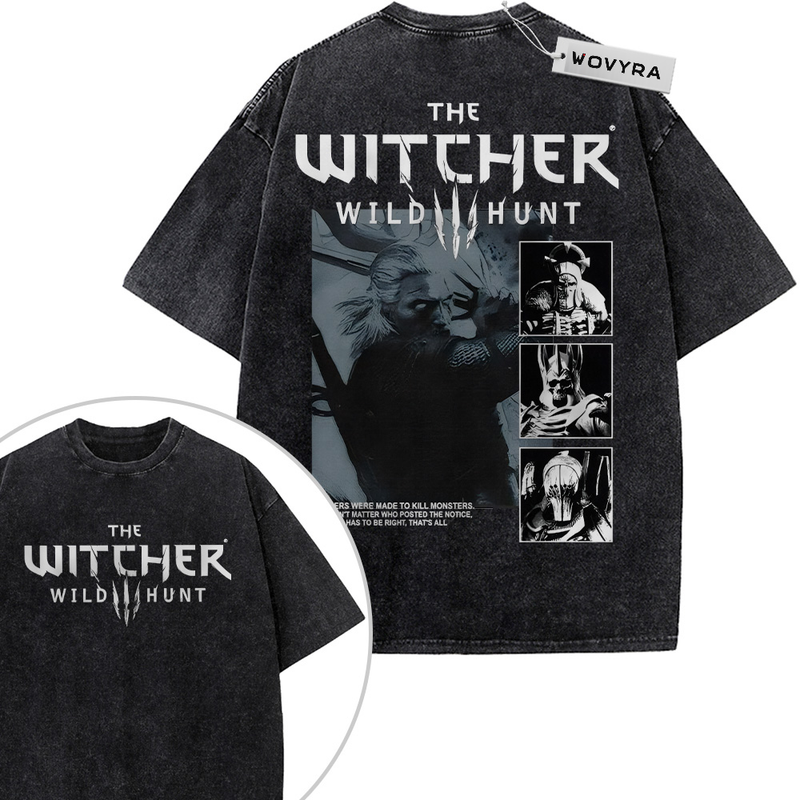 The Witcher Wild Hunt Monochrome Panels 2-Sided Vintage T-Shirt with a gray character silhouette beside three small comic-style panels