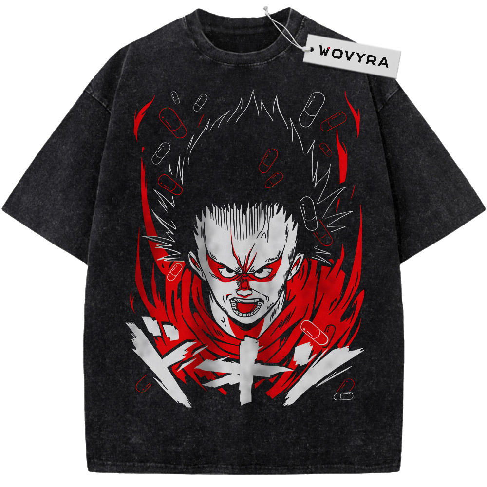 Vintage T-shirt featuring a monochrome Tetsuo Shima portrait set against vivid red shapes