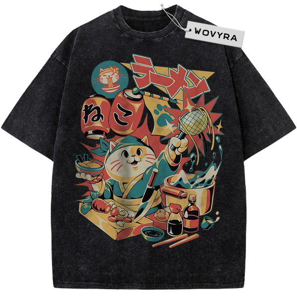Black Neko Ramen Cat T-shirt with a colorful cat and noodle-shop collage