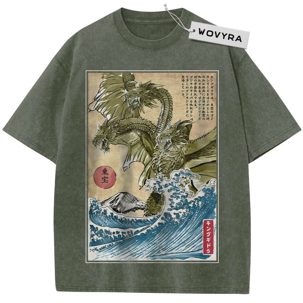 Olive green King Ghidorah T-shirt with a framed three-headed dragon and blue wave print