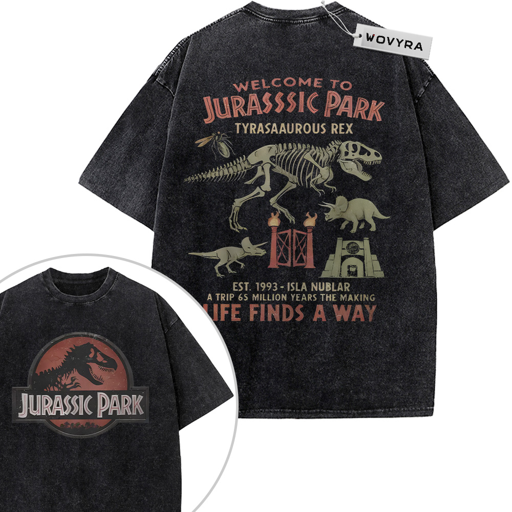 2-sided vintage T-shirt featuring a T-Rex skeleton and smaller dinosaur illustrations with park-themed lettering