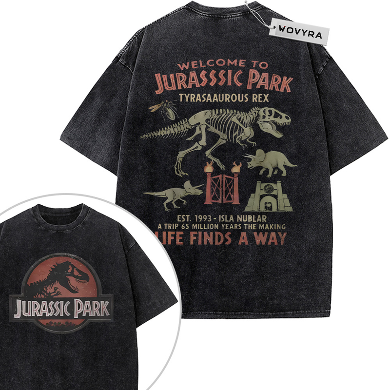 2-sided vintage T-shirt featuring a T-Rex skeleton and smaller dinosaur illustrations with park-themed lettering