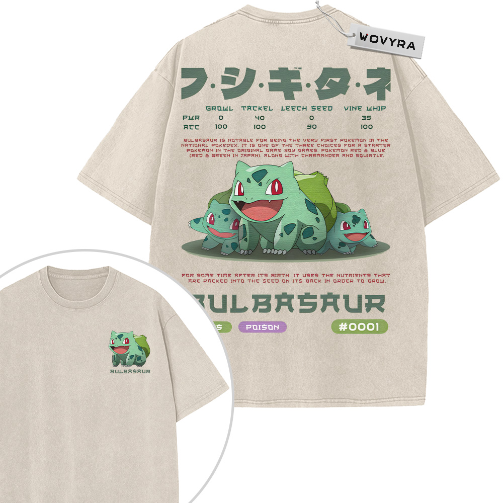 Pokemon Bulbasaur Character Profile 2-Sided Vintage T-Shirt with a Bulbasaur character profile with green and red lettering