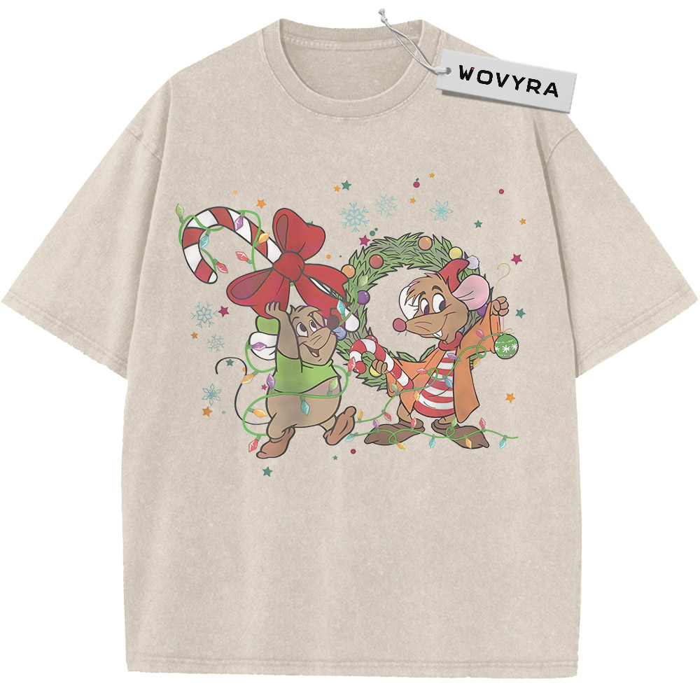 Cinderella Jaq & Gus Christmas Candy Vintage T-Shirt with two mouse characters with a candy cane and festive greenery