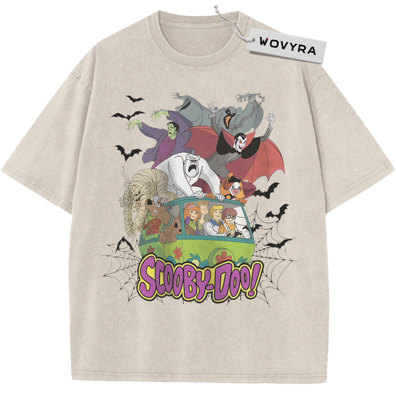 Vintage T-shirt featuring Scooby-Doo characters in a spooky scene with their van, bats and cobwebs