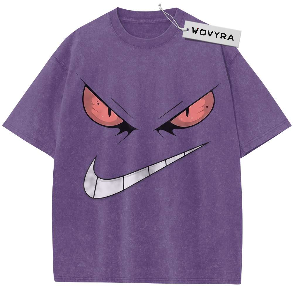 Vintage T-shirt featuring a large Gengar face with pink eyes and a wide white grin