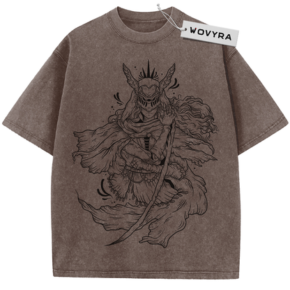 Brown horned warrior T-shirt with black line-art character illustration