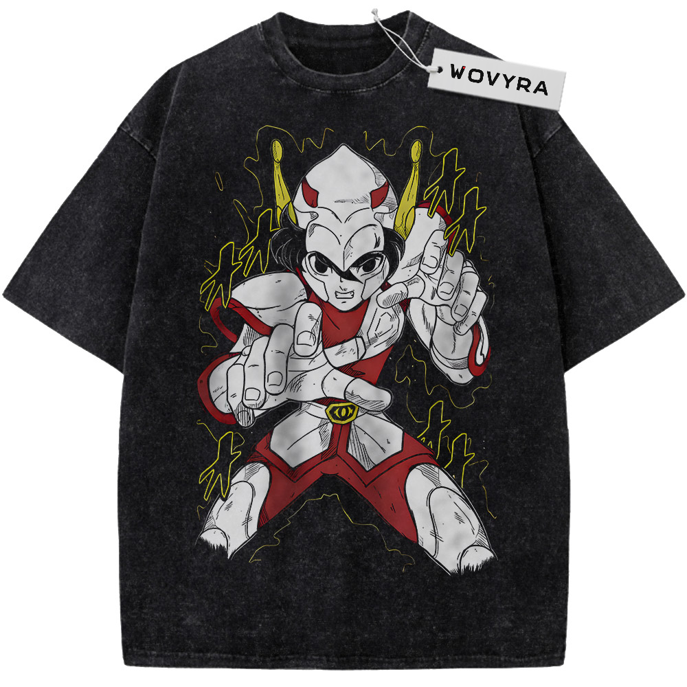 Saint Seiya Pegasus Seiya Chibi Armor Vintage T-Shirt with a small armored character with red-and-white details