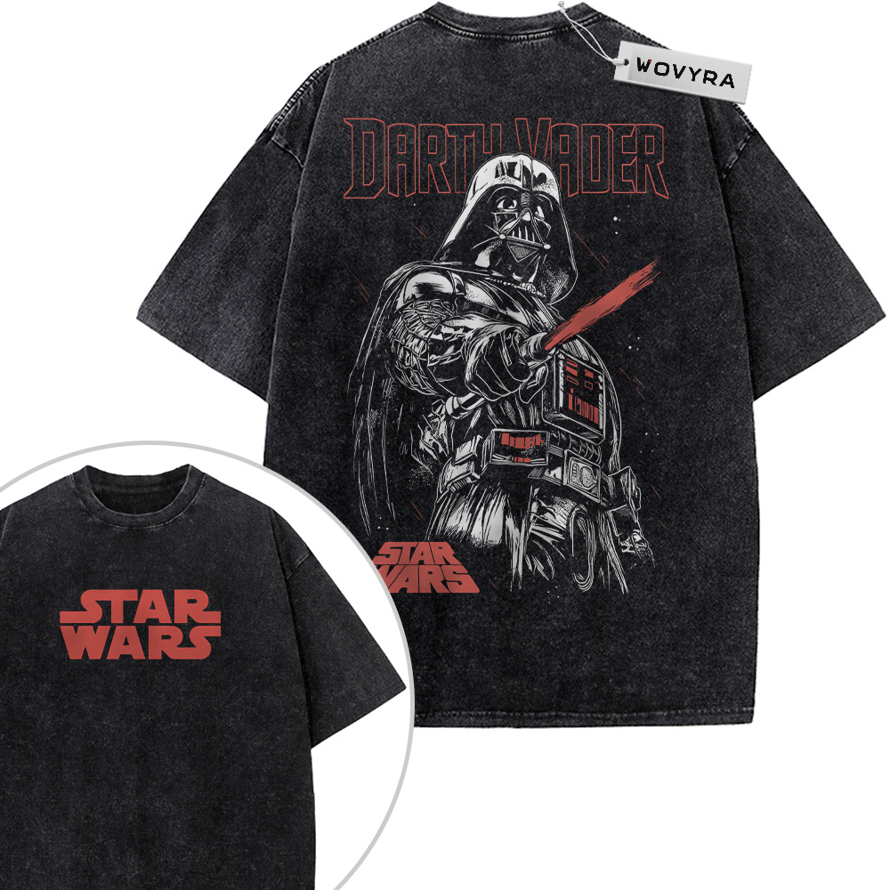 2-sided vintage T-shirt featuring a Darth Vader portrait with a red lightsaber and red title lettering