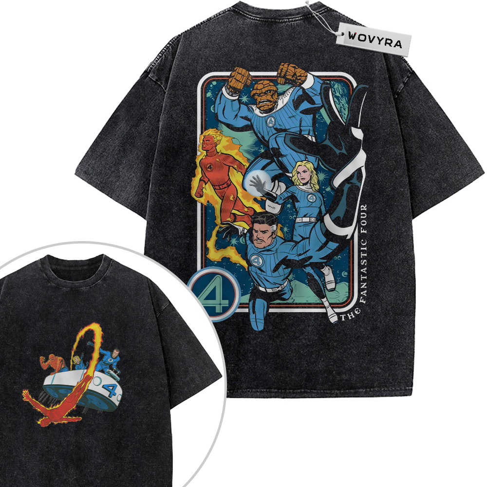 2-sided vintage T-shirt featuring the Fantastic Four arranged in a blue-framed comic character group