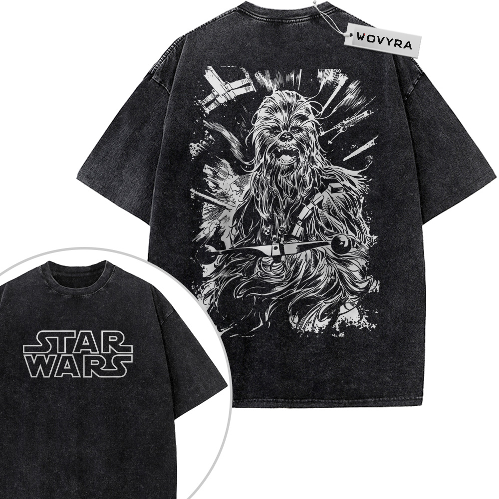 Star Wars Chewbacca Monochrome Sketch 2-Sided Vintage T-Shirt with a white Chewbacca sketch with energetic diagonal linework