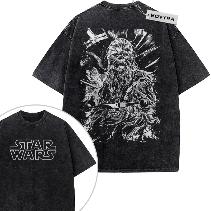 Star Wars Chewbacca Monochrome Sketch 2-Sided Vintage T-Shirt with a white Chewbacca sketch with energetic diagonal linework