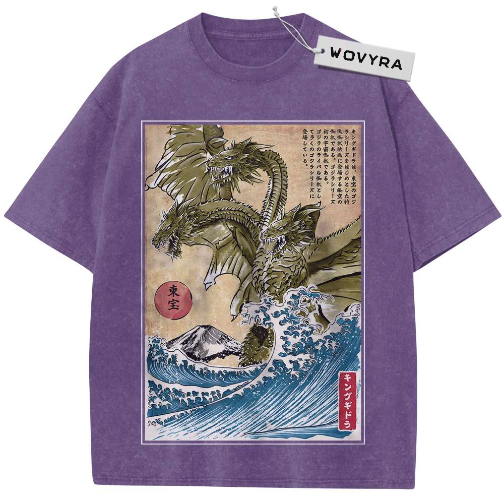 Purple King Ghidorah T-shirt with a framed three-headed dragon and blue wave print