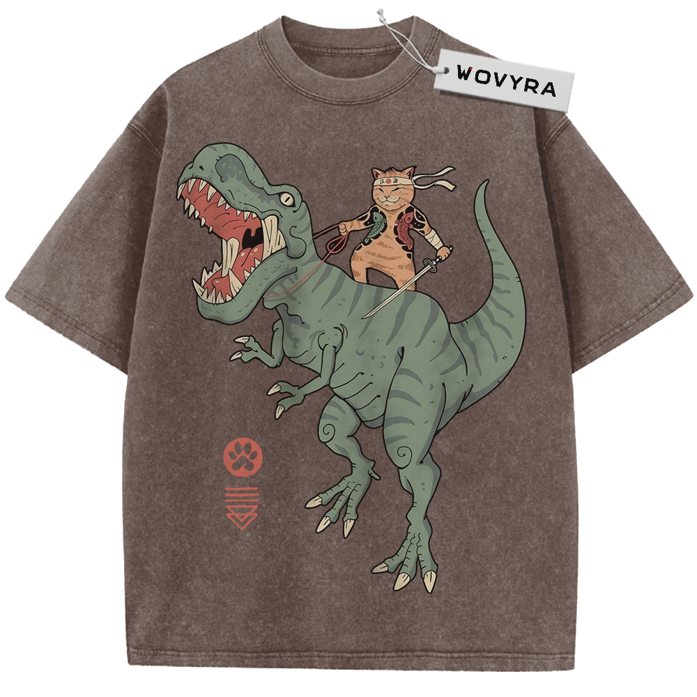 Brown Samurai Cat Dinosaur T-shirt with a sword-carrying cat riding a green dinosaur