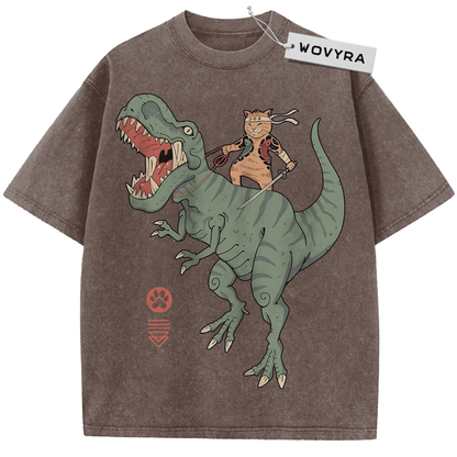 Brown Samurai Cat Dinosaur T-shirt with a sword-carrying cat riding a green dinosaur