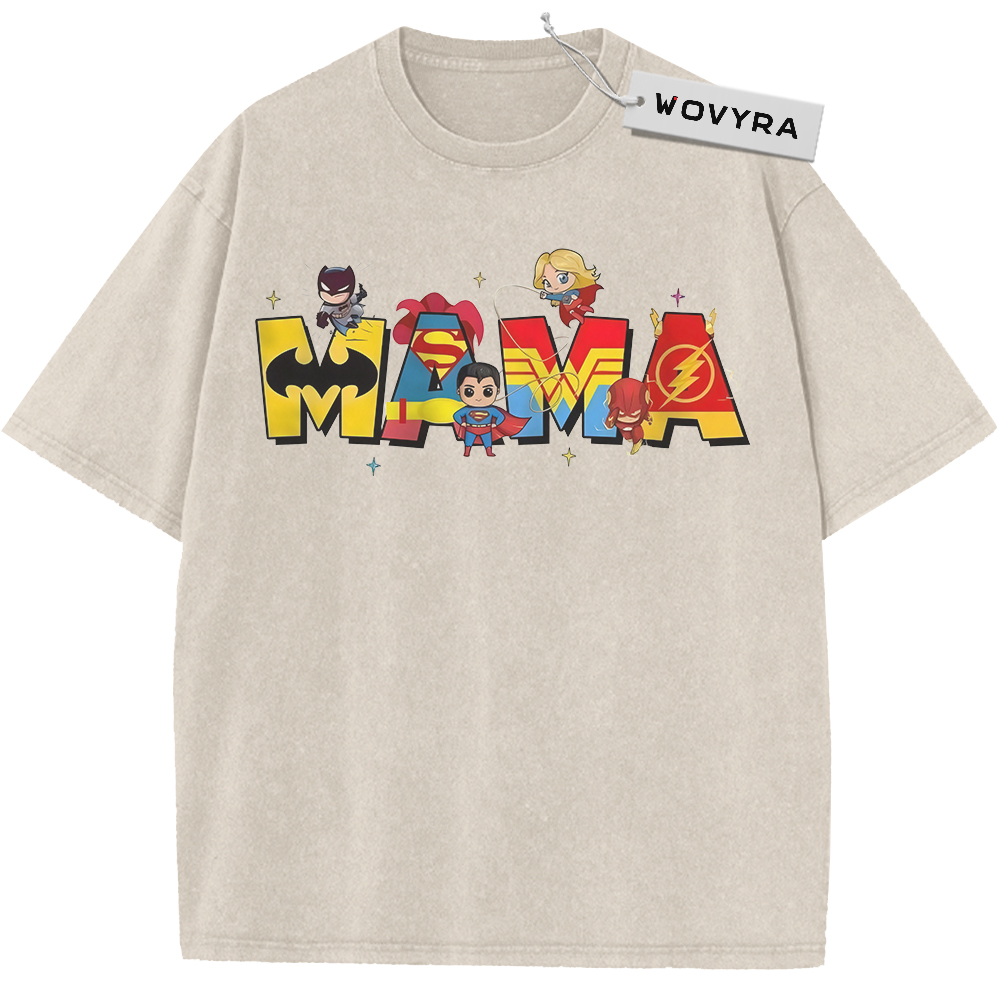 Batman, Superman & Flash Mom Heroes Vintage T-Shirt with small superhero figures arranged across colorful Mom lettering
