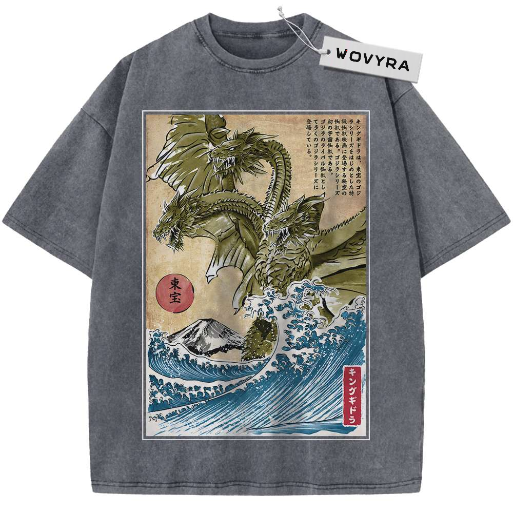 Charcoal gray King Ghidorah T-shirt with a framed three-headed dragon and blue wave print