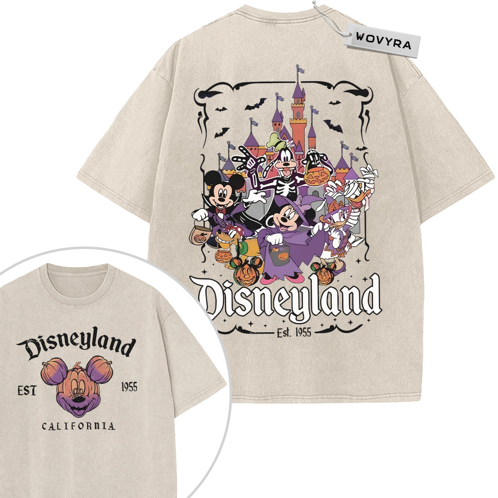 2-sided vintage T-shirt featuring Mickey and friends gathered in Halloween costumes in front of a castle