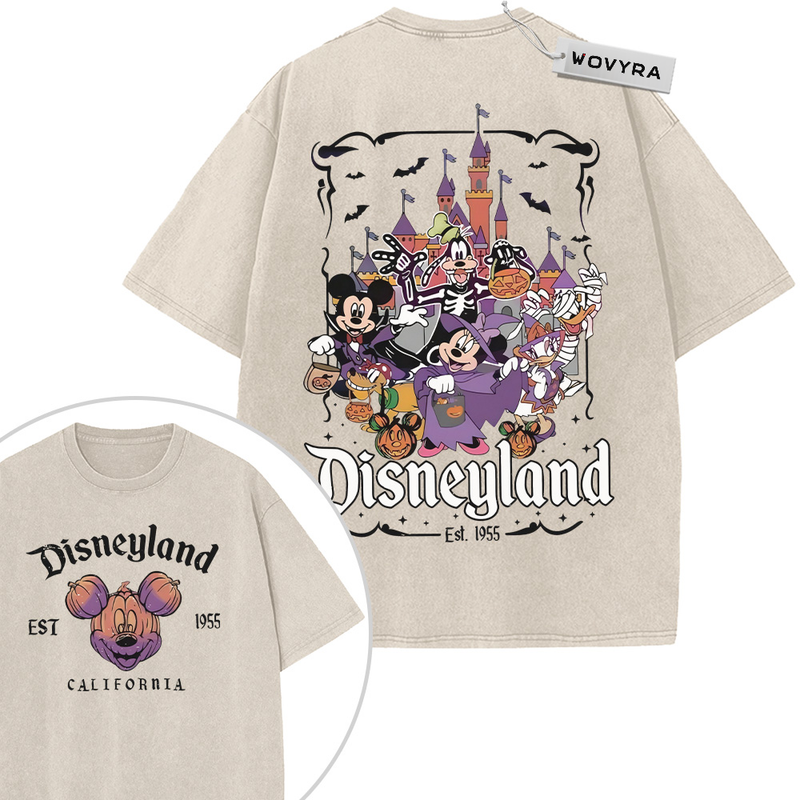 2-sided vintage T-shirt featuring Mickey and friends gathered in Halloween costumes in front of a castle