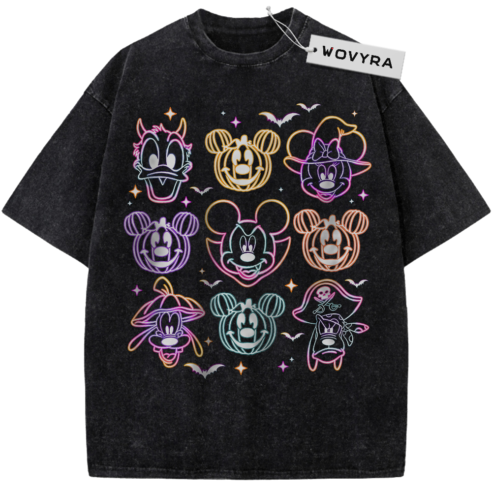 Vintage T-shirt featuring a grid of colorful outlined Disney character heads in Halloween costumes