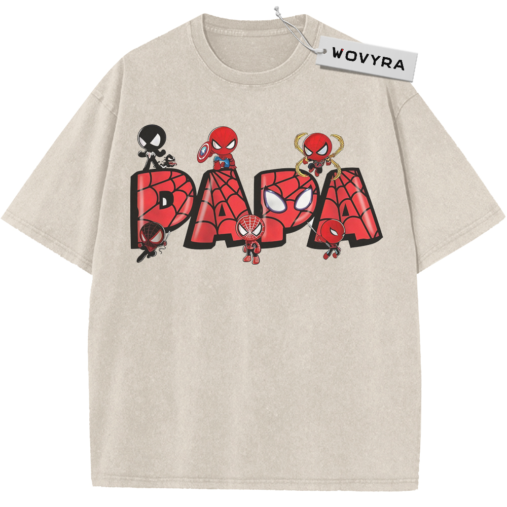 Vintage T-shirt featuring red PAPA lettering filled with Spider-Man figures