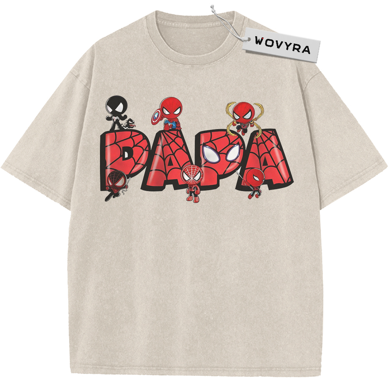 Vintage T-shirt featuring red PAPA lettering filled with Spider-Man figures