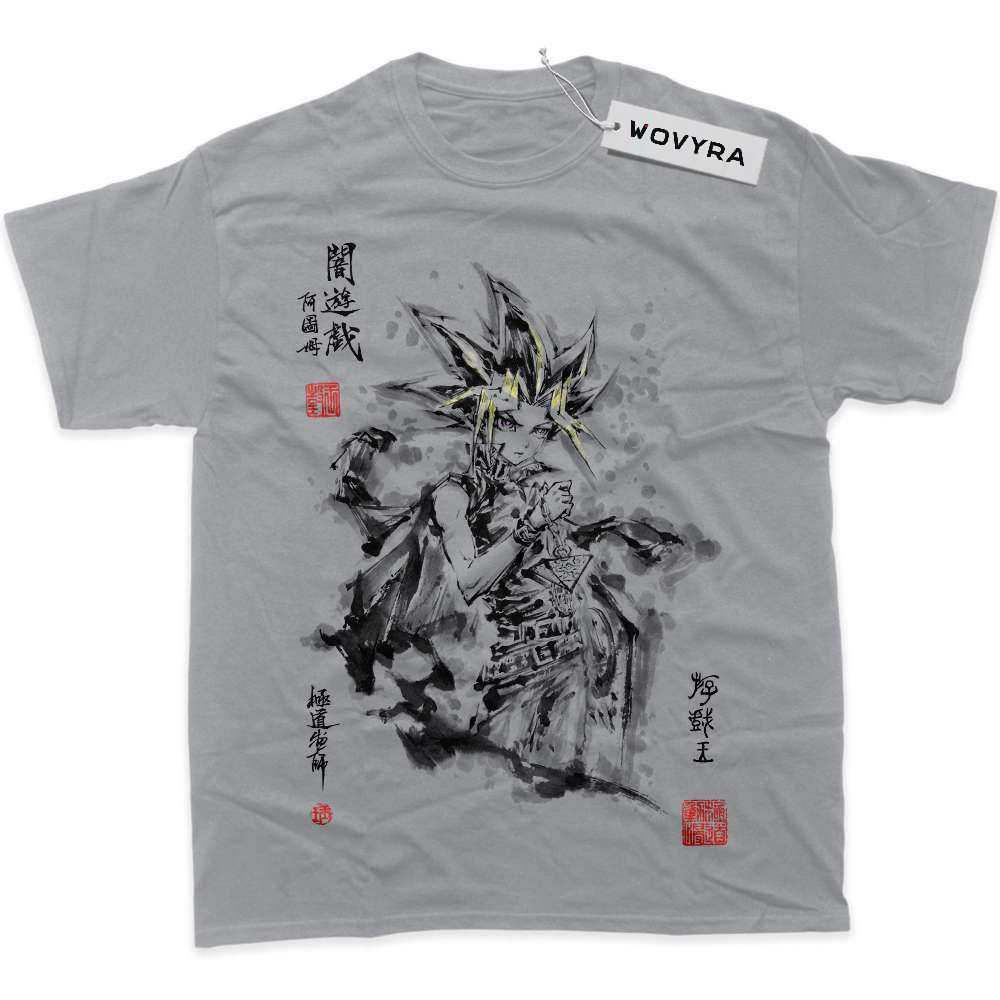 Light grey WOVYRA Atem Yugi Muto classic T-shirt with black ink-style artwork and red stamp details