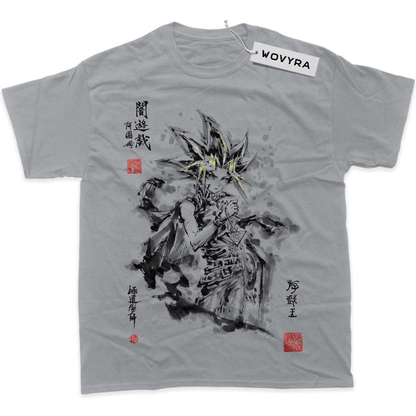 Light grey WOVYRA Atem Yugi Muto classic T-shirt with black ink-style artwork and red stamp details