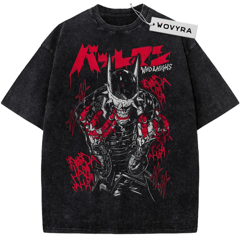 The Batman Who Laughs Red Portrait Vintage T-Shirt with a dark masked portrait with red lettering around the figure