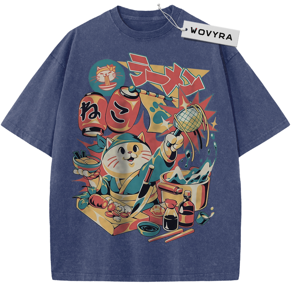 Blue Neko Ramen Cat T-shirt with a colorful cat and noodle-shop collage
