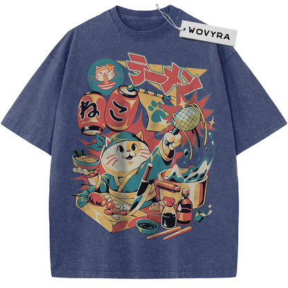 Blue Neko Ramen Cat T-shirt with a colorful cat and noodle-shop collage