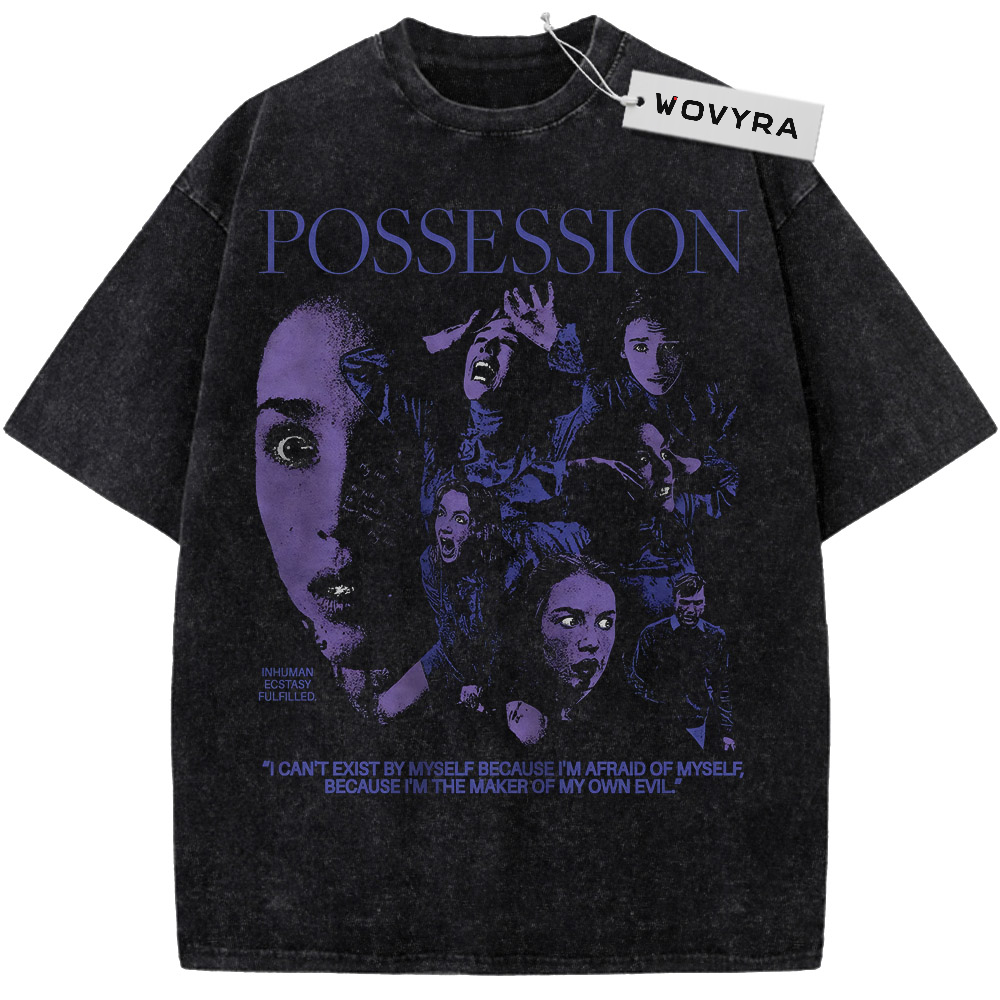 Vintage T-shirt featuring a purple-toned horror portrait collage beneath Possession lettering