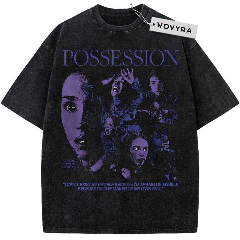 Vintage T-shirt featuring a purple-toned horror portrait collage beneath Possession lettering