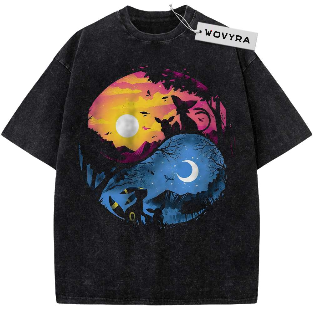 Vintage T-shirt featuring Espeon and Umbreon silhouettes in a circular sunset and moonlit design