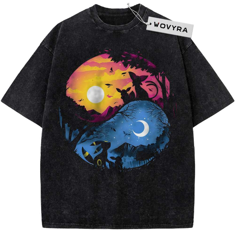Vintage T-shirt featuring Espeon and Umbreon silhouettes in a circular sunset and moonlit design