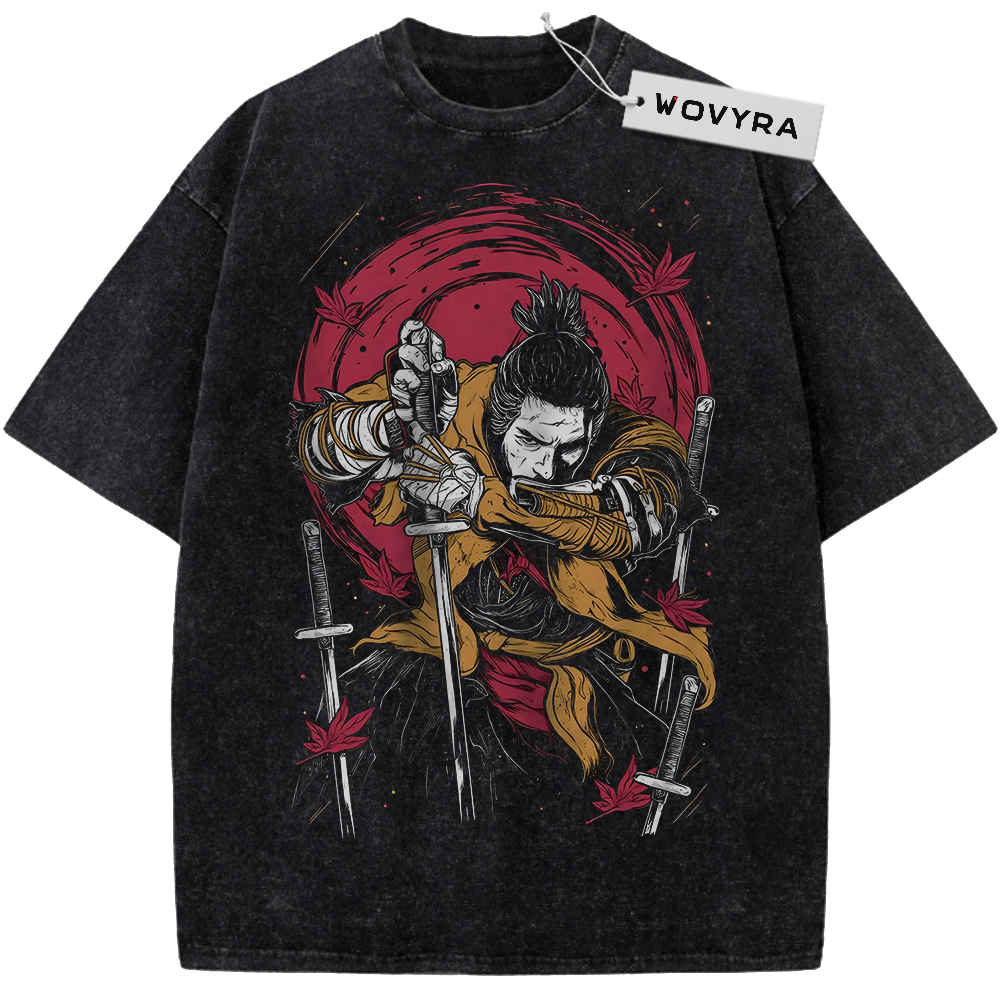 Vintage T-shirt featuring a sword-wielding Sekiro figure against a red circular backdrop