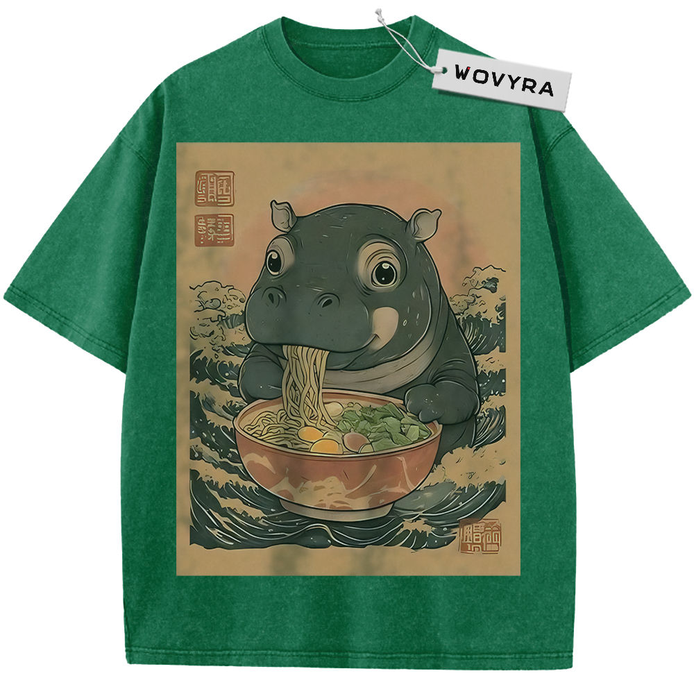 Green Ramen Hippo T-shirt with a hippo eating noodles in a warm-toned frame
