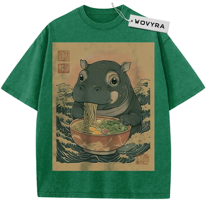 Green Ramen Hippo T-shirt with a hippo eating noodles in a warm-toned frame