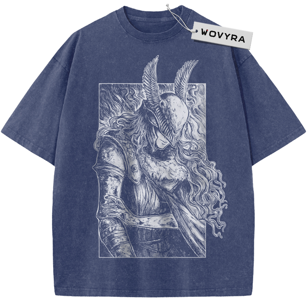 Blue Malenia T-shirt with a framed white winged-helmet portrait