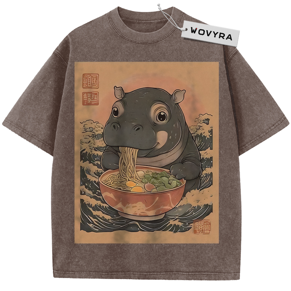 Brown Ramen Hippo T-shirt with a hippo eating noodles in a warm-toned frame